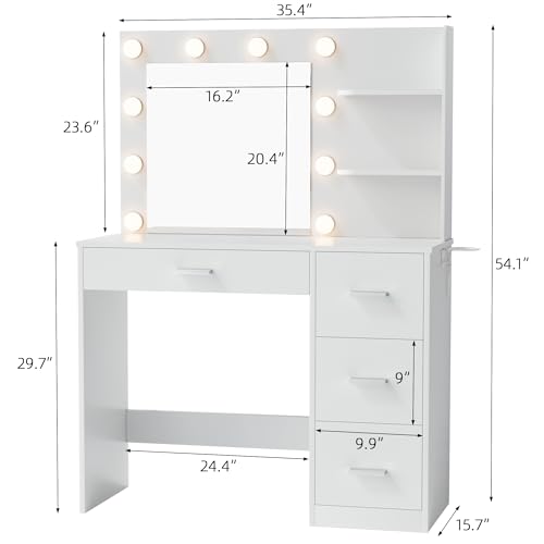 YESHOMY Vanity Desk with Mirror, 10 Lights, Power Outlet and 3 Storage Shelves, Makeup Table with 4 Drawers, 3 Color Modes, for Bedroom, White - color: White