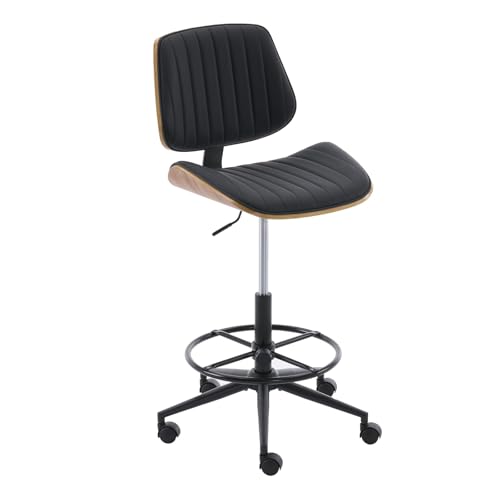 Drafting Chair for Standing Desk, Armless Tall Office Chair with Bentwood Backrest, Adjustable Height, Footrest Ring and Swivel Seat, PU Leather (Black) - color: Black