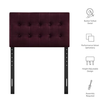 Modway Emily Twin Size Performance Velvet Headboard in Mulberry - Stain-Resistant Velvet Upholstery with Button Tufting and 7 Adjustable Height Positions - color: Mulberry, size: Twin