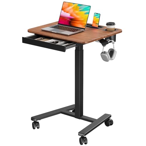 Small Mobile Standing Desk with Drawer, 23.6" x 19.7" Top | Height Adjustable Portable Laptop Desk with Wheels & Cup Holder, Sit Stand Computer Workstation for Compact Space, Dark Wood - color: Dark Wood, size: 24"