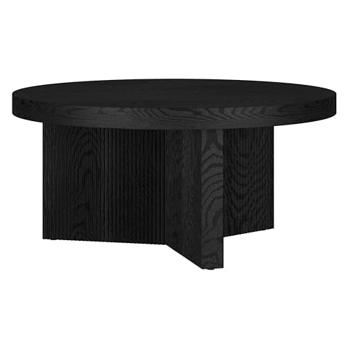 Henn&Hart 32" Scandinavian Fluted Coffee Table, Natural Black | Ribbed pedestal base and low profile bring Scandinavian style to small spaces including living rooms or family rooms - color: Natural Black, size: 32 inches