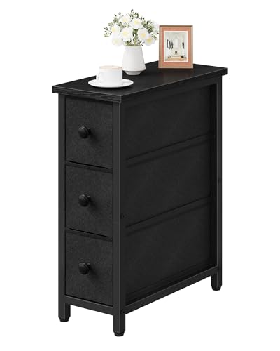 Narrow Side Table with 3 Fabric Drawers, Industrial Slim Bedside Table for Small Spaces, Bedroom, Living Room, Dormitory, Black TBZ09BB - color: Black