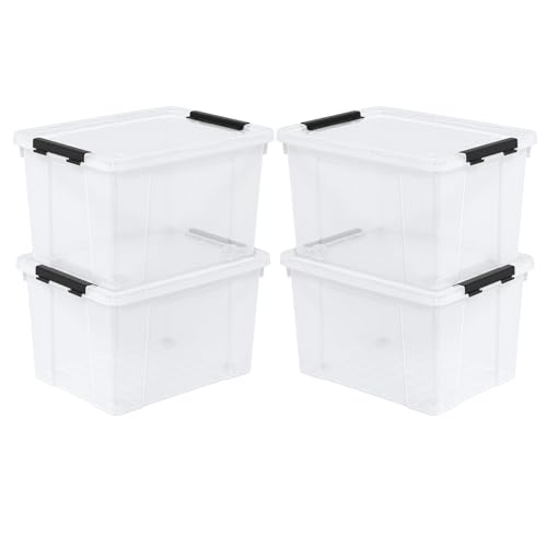4-Pack 22 Quart Rolling Storage Bins with Lids & Wheels | Clear Plastic Latching Organizer Boxes, Stackable Containers for Home & Office - size: 22 Quart