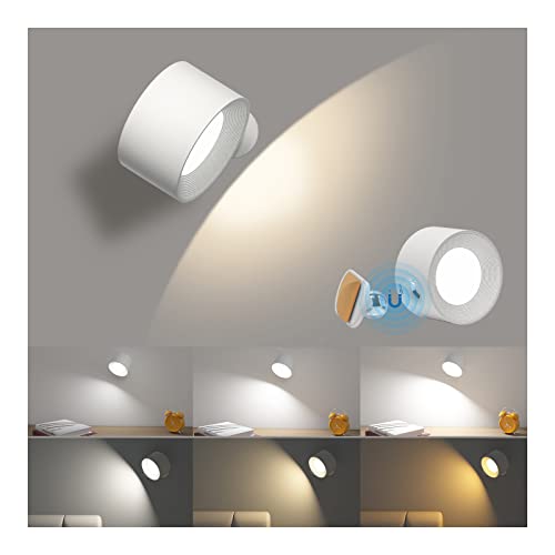 AKSDA LED Reading Light, Rechargeable Battery Operated Wall Sconce with 360-Degree Rotation Magnetic Mounting, Dimmable 3 Color Temps Touch Control Cordless Wall Lights for Bedroom Bedside, 1 Pack - color: White-1PC