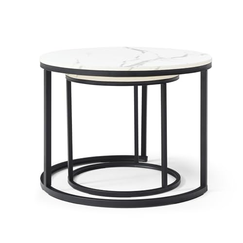 24" Marble Pattern Accent Side Table, Modern Nesting Side Tables with Metal Frame, Space-Saving Nesting Coffee Table Set for Living Room Apartment, White - color: White