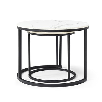 Nesting Side Tables, Coffee Table Set of 2 with Sturdy Metal Frame, Modern Industrial Simple Nightstand for Living Room Bedroom Apartment (White) - color: White