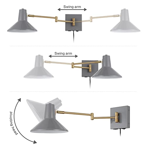 JONATHAN Y Hygge 1-Light Modern Swing Arm USB Sconce 8", Grey/Brass Gold | Metal Construction, Plug-In Midcentury Bedside Wall Lamp, Cone Shade, Adjustable Head, LED Bulb Included - color: Grey/Brass Gold
