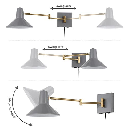 JONATHAN Y Hygge 1-Light Modern Swing Arm USB Sconce 8", Grey/Brass Gold | Metal Construction, Plug-In Midcentury Bedside Wall Lamp, Cone Shade, Adjustable Head, LED Bulb Included - color: Grey/Brass Gold