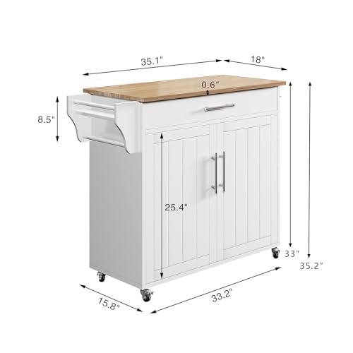 Kitchen Storage Island, Wooden Rolling Island On Wheels with Wood Top, Mobile Kitchen Island Cart with Towel Rack, Spice Rack and Drawers, White - color: White