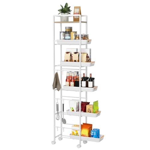 6 Tier Slim Storage Cart with Pull-Out Baskets Rolling Cart with Wheels Wood Top Narrow Utility Cart Metal Shelving Units for Pantry Laundry Room Bathroom Kitchen White 8in(W) - color: White, size: 6 Tier(8 inches)