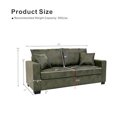 Eafurn 69" Small Loveseat Sofa Couch, Mid-Century Modern PU Leather 2-Seater Sofa with Wood Frame & 2 Pillows, Compact Space-Saving Couch for Living Room, Apartment, Office - color: Olive Green 69"
