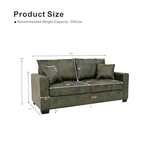 Eafurn 69" Small Loveseat Sofa Couch, Mid-Century Modern PU Leather 2-Seater Sofa with Wood Frame & 2 Pillows, Compact Space-Saving Couch for Living Room, Apartment, Office - color: Olive Green 69"