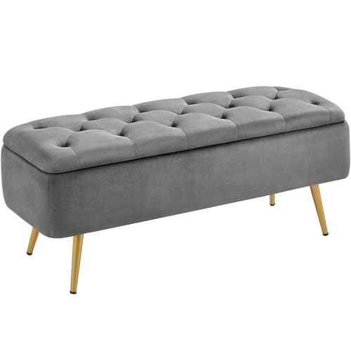 Yaheetech 43in Velvet Storage Ottoman Bench for Bedroom End of Bed, Gray | Button-Tufted Ottoman Bench with 1.9C Storage Space, Tapered Gold Metal Legs, Sized for Entryway Living Room Window Seat - color: Dark Gray