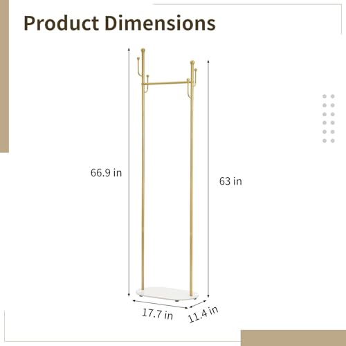 Gold Freestanding Coat Rack with Marble Base, Modern Metal Clothes Stand with Side Hooks, Slim Garment Organizer for Entryway, Bedroom, Hallway Corner Storage