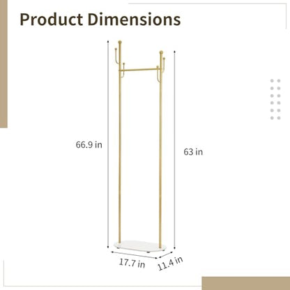 Gold Freestanding Coat Rack with Marble Base, Modern Metal Clothes Stand with Side Hooks, Slim Garment Organizer for Entryway, Bedroom, Hallway Corner Storage