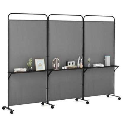GOFLAME 3 Panel Room Divider with Storage Shelves, 6FT Folding Privacy Screen with Lockable Wheels, Portable Rolling Wall Divider, Freestanding Partition Screen for Room Separation, Grey - color: Grey