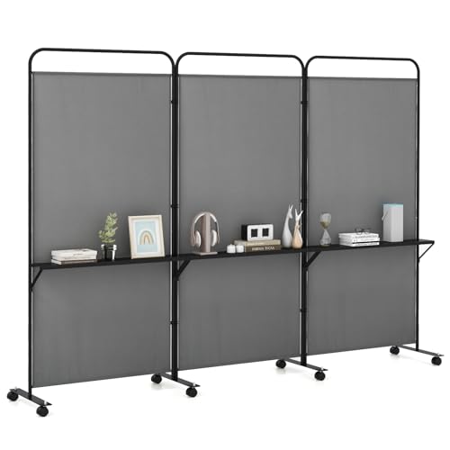 GOFLAME 3 Panel Room Divider with Storage Shelves, 6FT Folding Privacy Screen with Lockable Wheels, Portable Rolling Wall Divider, Freestanding Partition Screen for Room Separation, Grey - color: Grey