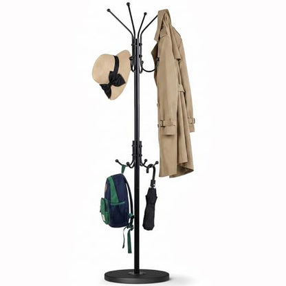 Freestanding Coat Rack with 12 Hooks,Modern Coat Stand with Wood Base for Entryway, Bedroom, Office, 3 Adjustable Height Coats Hanger Stand for Coats, Hats, Handbags and Scarves, Black