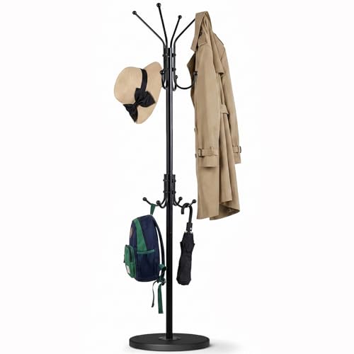 Freestanding Coat Rack with 12 Hooks,Modern Coat Stand with Wood Base for Entryway, Bedroom, Office, 3 Adjustable Height Coats Hanger Stand for Coats, Hats, Handbags and Scarves, Black