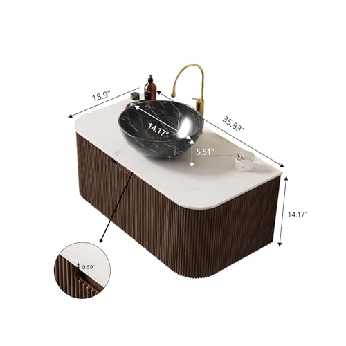 36” Floating Bathroom Vanity with Sink, Fluted Wall-Mounted Solid Wood Cabinet, Black Marble-Patterned Bowl Basin, Faux Marble Top, Soft-Close Drawer, Pre-Assembled, Walnut Woodgrain - color: 05 - Walnut Woodgrain, size: 36"
