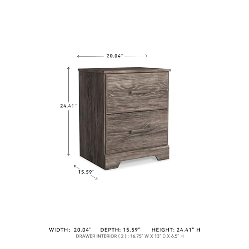 Signature Design by Ashley 2-Drawer Nightstand, Gray, Ralinksi | Rustic warm gray replicated oak grain finish, Antiqued pewter-tone handles, 40 lb engineered wood storage for guest rooms - color: Grayish Brown, style: Night Stand