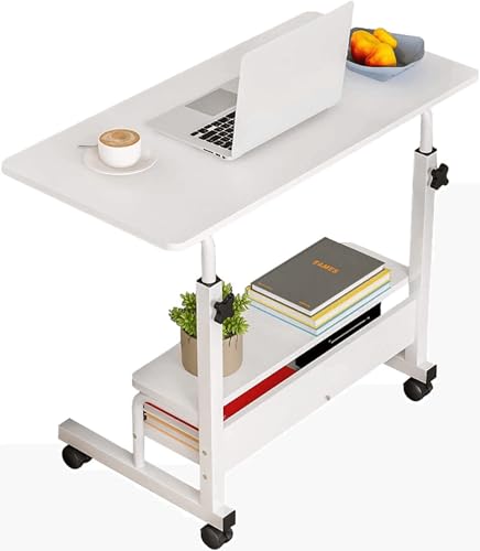 Adjustable Height Mobile Computer Desk for Small Space Rolling Writing with Wheels Corner Home Office Study Portable Bedrooms Work Size 31.5x15.7 Inch Storage Gaming Table, White A - color: White