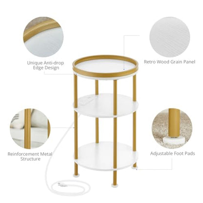 Small Round End Table with Charging Station, 3-Tier Accent Couch Beside Table with USB Ports & Power Outlets, Sofa Side Table for Living Room Small Nightstand Bedroom (USB Charger, White+Gold) | 3-Tier Accent Couch Beside Table with USB Ports & Power Outl