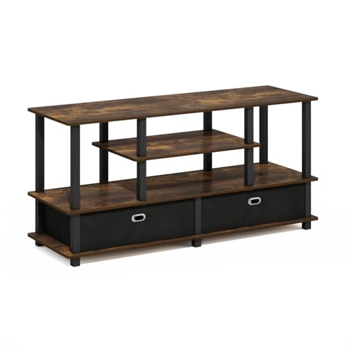 Furinno Jaya TV Stand, 4-Tier Toolless Assembly Entertainment Center with Open Shelf, TV Console for TV up to 55 Inch with 2 Storage Bins, for Living Room, Bedroom, Amber Pine - color: Amber Pine, size: For 55" TV, Plastic Frame