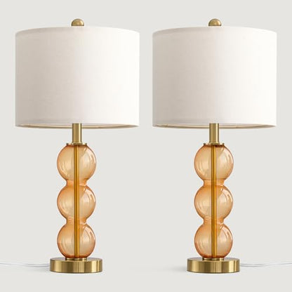 25" Amber Glass Table Lamps for Living Room, Glass Modern Table Lamp Set of 2, USB Charging Ports, Linen Shade, Bedside Lamps for Bedroom, Nightstand, Side Table (Bulbs not Included) - color: Amber