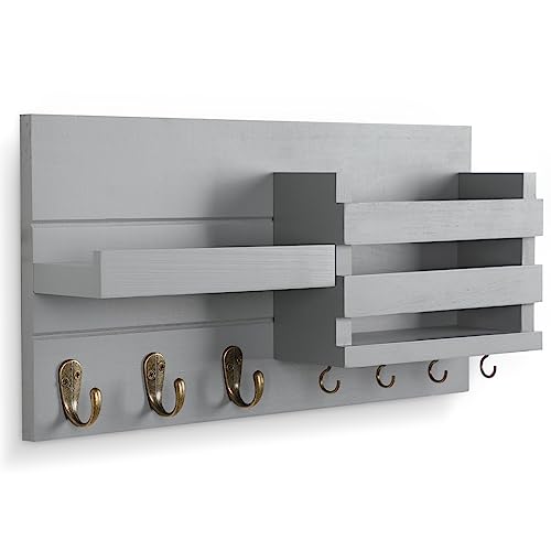 Lwenki Mail Organizer for Wall Mount – Key Holder with Shelf Includes Letter Holder and Hooks for Coats, Dog Leashes – Rustic Wood with Flush Mounting Hardware (16.5” x 8.7” x 3.5”) (Gray) - color: Gray