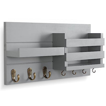 Lwenki Mail Organizer for Wall Mount – Key Holder with Shelf Includes Letter Holder and Hooks for Coats, Dog Leashes – Rustic Wood with Flush Mounting Hardware (16.5” x 8.7” x 3.5”) (Gray) - color: Gray