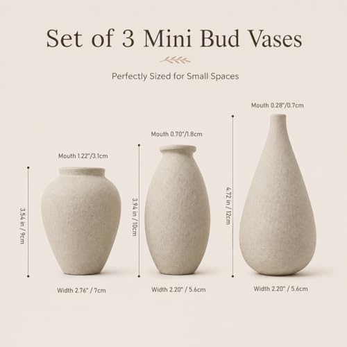 Mini Paintable Unglazed Ceramic Bud Vase Set of 3, Small Rustic Wabi Sabi Bisque Ceramic Vases, Farmhouse Boho Decorative Vases for Home Table Decor, DIY Crafts, Dried Flowers Centerpieces