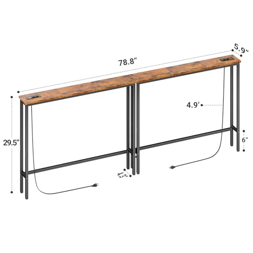 ELYKEN 78.8'' Narrow Console Table with Outlet, Sofa Table Behind Couch | Skinny Entryway Tables with Charging Station for Living Room, Hallway, 5.9 x 78.8 x 29.5in, Rustic Brown - color: Rustic Brown, size: 5.9"DX78.8"WX29.5"H