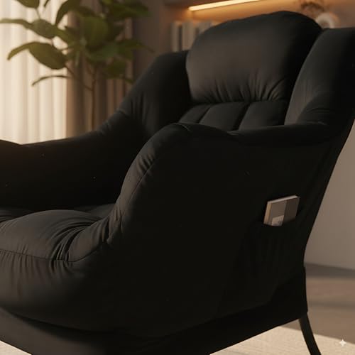 Lazy Chair with Ottoman, Comfy Accent Reading Chair, Velvet Black | Foldable Footrest,Removable Cover,with Armrests and Side Pockets,Upholstered Lounge Chair for Bedroom,Dorm,Office,Small Space - color: Velvet Black