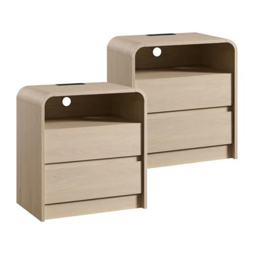 Aitjunz 25" Tall Modern Nightstand Set of 2, Wood Bedside Table, Cream | 23.6'' Wide Bedside Table w/2 Storage Drawers, Charging Station, Curved Profile Design, Mid Century End Table for Living Room - color: Cream, size: 2 Pieces