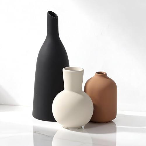 Ceramic Vase Home Table Decor, Rustic Farmhouse Decor, Small Vases Set of 3 for Table Bookshelf Mantel Kitchen Living Room Office Vintage Aesthetic Decorative (Earthy Color Palette) - color: Earthy Tones