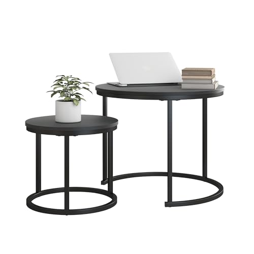 HOJINLINERO Round Nesting Coffee Table Set of 2,Small Black Coffee Table | Center Table for Living Room,Small Apartment,Small Space,Stacking Side Tables,Wood Tabletop,Sturdy and Easy to Assemble - color: Black, size: Small