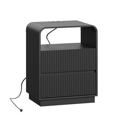 Black Nightstand with Charging Station, Mid Century Modern Bedside Table & End Table, Fluted Wood Small Night Stand with 2 Hidden Drawers and Storage Shelf for Bedroom - color: Black, style: 2 Drawers