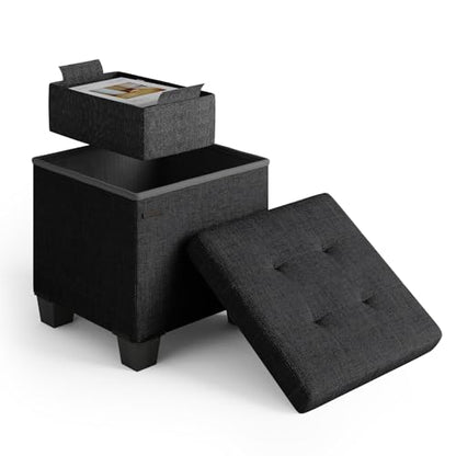 Storage Ottoman Cube with Small Bin, 15-in Square Ottoman with Storage for Living Room and Bedroom, Small Ottomans Foot Rest, Fabric Foot Stools Ottomans Max 330lbs, Black - color: 04 - Black
