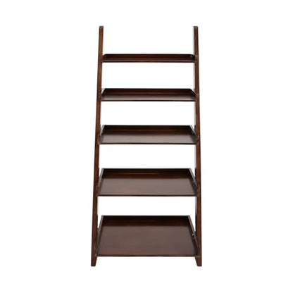 5-Tier Ladder Shelf, Minimalism Wood Ladder Bookshelf L-Shaped Leaning Storage Bookshelf Freestanding Open Bookcase for Living Room Bedroom Offices (Walnut Brown)