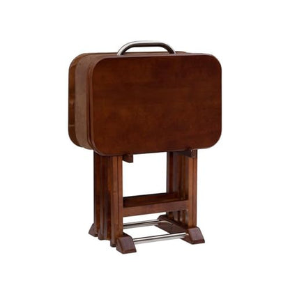 Pemberly Row Transitional Solid Wood Folding Tray Tables, Dark Cherry Finish, 5-Piece Set with Chrome Handle Stand, 15.72" w x 23.58" d x 26.38" h, Birch Veneer MDF Tops, Indoor Snack and Laptop Use