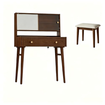 Large Vanity with Mirror and Power Outlet, Wood Vanity with Chair, Makeup Table Sets for bedrooms and bathrooms, Walnut Dressing Table - size: 1 desk + 1 chair
