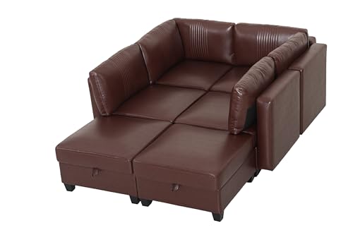 ERYE 99-Inch Oversized U Shaped Sectional Sofa 6 Seat Modular Storage Sofa Couch W/Deep Seat,Pet Friendly Faux Leather Upholstered Convertible Sleeper Sectional Couch with Ottomans - color: Dark Brown 99"