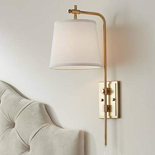 Seline Warm Gold Adjustable Plug-In Wall Lamp with Dimmer Light Fixture | Modern Mounted Dimmable Metal Off White Tapered Drum Shade for Bedroom Bedside House Reading Living Room Home Hallway Dining