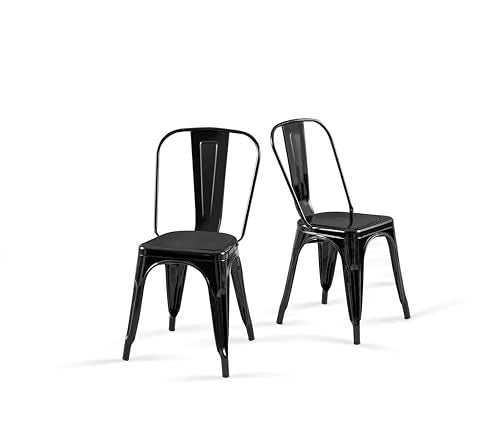 Obsidian Black Color,Metal Dining Chair Set of 2 | Iron Stackable Kitchen Restaurant Cafe Indoor Outdoor Industrial Vintage Chairs - color: Obsidian Black