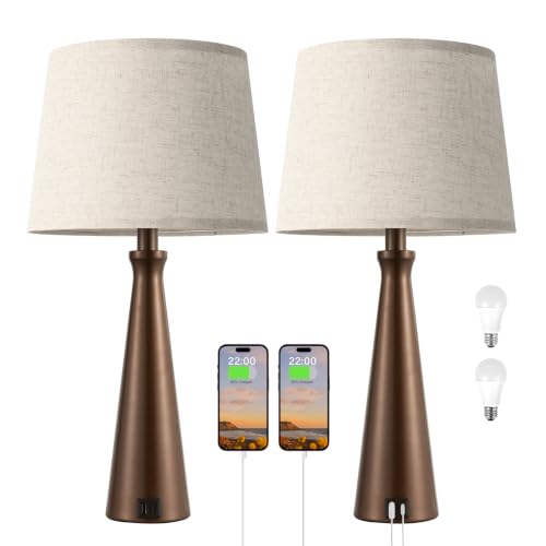 Modern Touch Lamps for Nightstand, 3 Way Dimmable Bedroom Lamp Set of 2 | USB C+A Charging Ports, Brown Bedside Lamps for Bedroom, Living Room, End Table, Bed Side, LED Bulb Included - color: I. Brown Base-Beige Shade