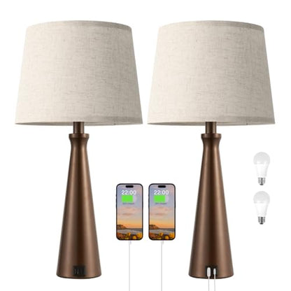 Modern Touch Lamps for Nightstand, 3 Way Dimmable Bedroom Lamp Set of 2 | USB C+A Charging Ports, Brown Bedside Lamps for Bedroom, Living Room, End Table, Bed Side, LED Bulb Included - color: I. Brown Base-Beige Shade