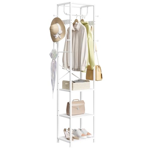 ELYKEN Coat Rack Freestanding, Hall Tree with 3 Shelves and 12 Hooks, White | Industrial Metal Frame, Space-Saving Design, Clothes Rack Stand Organizer for Bedroom, Hallway, Entryway, Office, Living Room - color: White