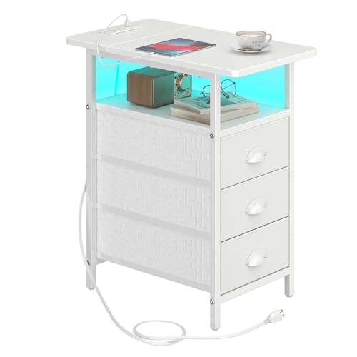 sthmec End Table with Charging Station,LED Side Tables with USB Ports and Outlets,Narrow Nightstands Bedside Tables with 3 Drawers PU Finish for Small Space,Slim Sofa Table for Livingroom,White - color: White, size: 11.75'' W*21'' D* 24.3'' H, style: Powe