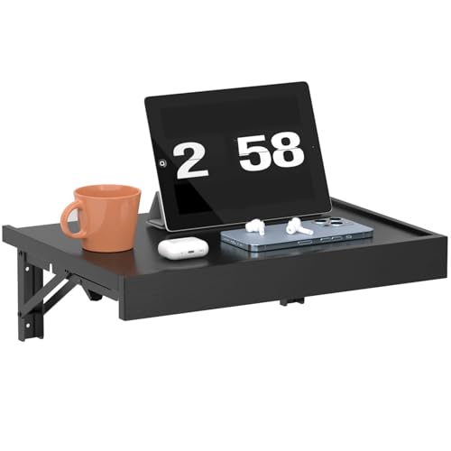 TEAMIX Wall Mounted Folding Bedside Shelf, Black Wood Floating Nightstand Table with Heavy-Duty Brackets, 16.5''x12'' Space Saving Bed Side Tray Storage for Bedroom, Living Room, Dorm (Black, Basic) - color: Black, size: Basic